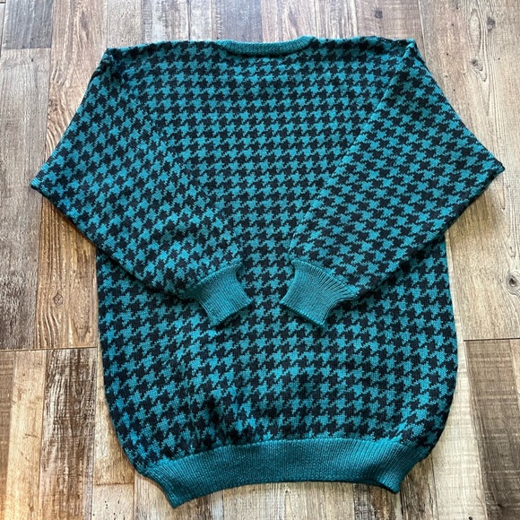 Peruvian Connection Alpaca Balloon Sleeve Houndstooth Teal/Black Sweater Medium - Picture 4 of 4